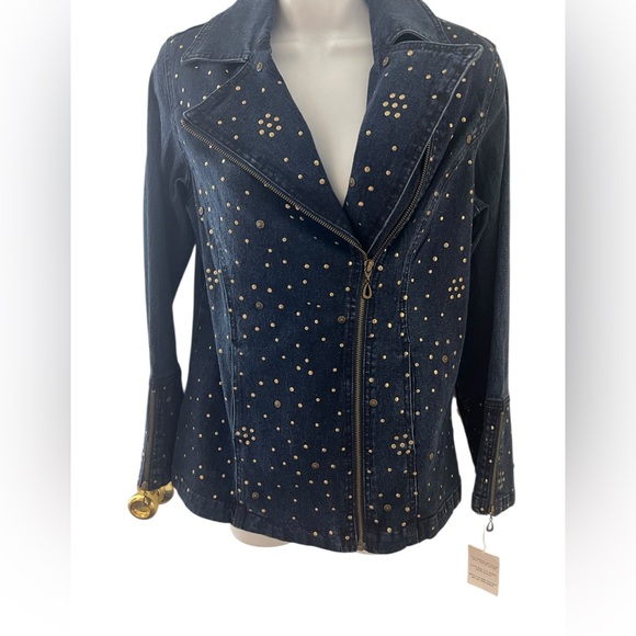 DG2 DIANE GILMAN EMBELLISHED DENIM BLUE ZIP MOTTO JACKET WITH ZIP FLARE SLEEVES - Picture 5 of 16